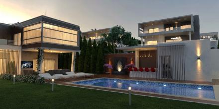 garden view of luxurious villa with swimming pool, bar and grass