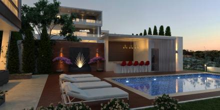 external view of luxurious villa with swimming pool, garden, bar and sunbeds