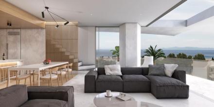 elegant living room of modern apartment property with balcony sea view furniture sofas 
