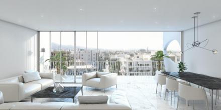 living room of modern apartment for residency with dinner table balcony and sofas