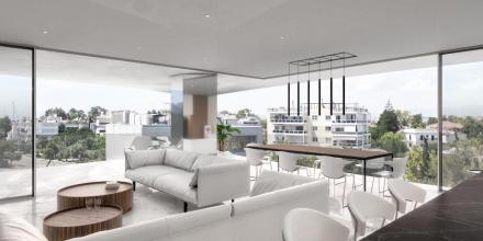 elegant apartment greek housing living room with minimal furniture white marble floor white leather sofas and city view