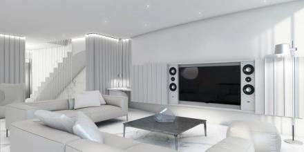 minimal living room of elegant apartment with tv soundsystem table all in white color